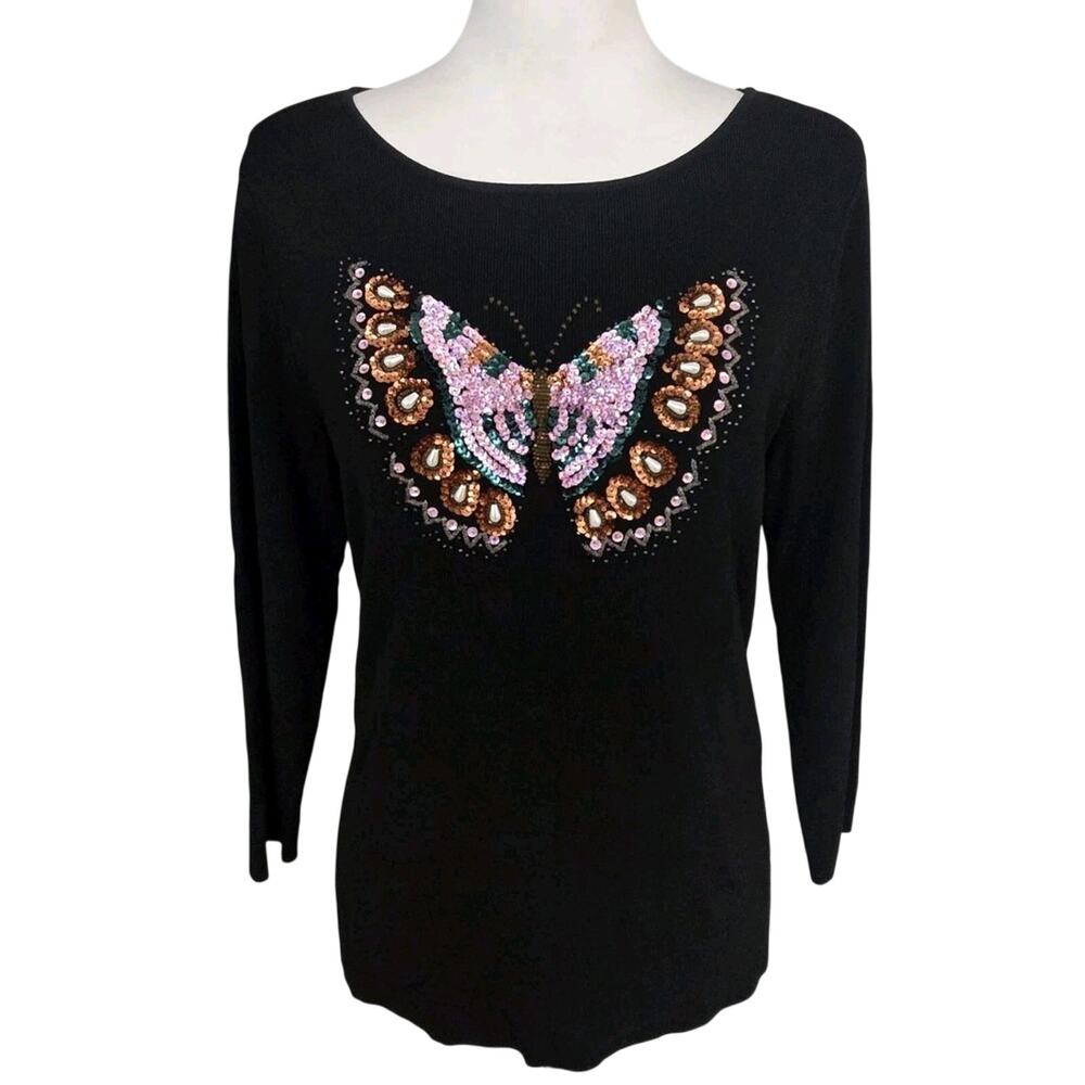 Vtg 90s Lucia Burns Butterfly Sequin Beaded Knit Sweater Top Whimsigoth Sz L